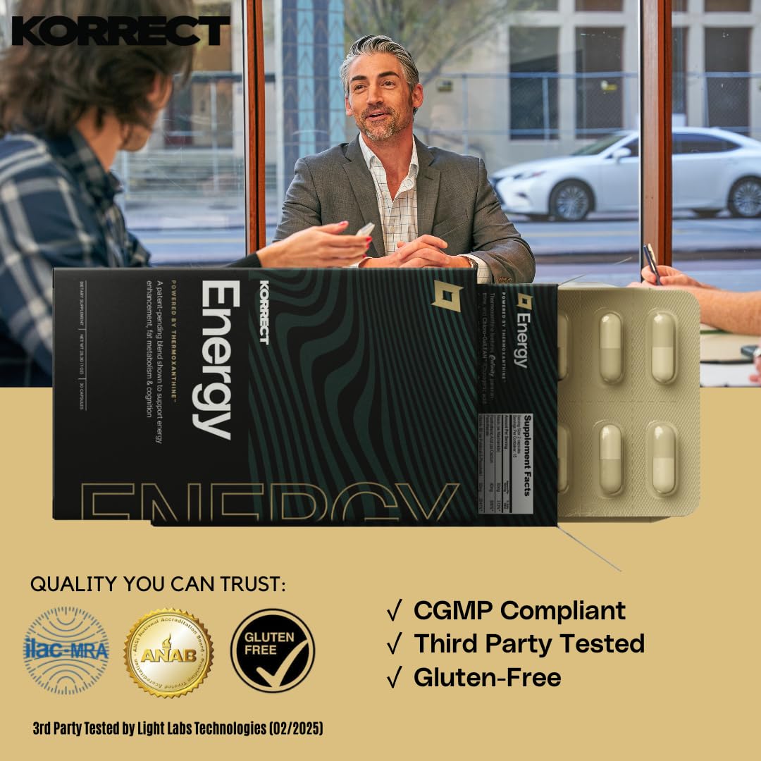 Korrect Clean Energy Supplement for Men & Women | Mental Clarity, Nootropic| Paraxanthine, Sustained Attention| Jitter-Free Stamina |3rd Party Lab Tested, Non-GMO, cGMP Certified 30 Capsules