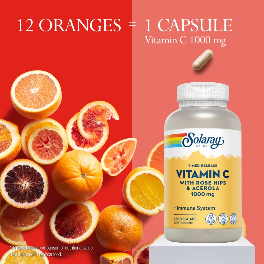 Pre-Order | Arrives in 5–10 Days – SOLARAY Vitamin C with Rose HIPS & Acerola | Two-Stage Timed-Release Formula | 1000mg | 24-Hour Immune Support & Antioxidant Supplement | 250 Ct.