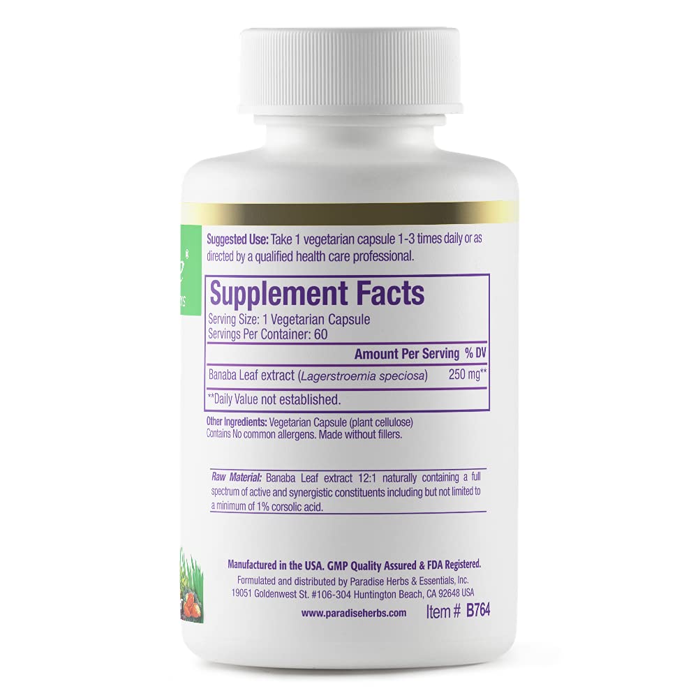 Paradise Herbs, Banaba Leaf, 12:1 Concentrated Extract, 250 mg, Vegan, Gluten-Free, Non-GMO, 60 Capsules