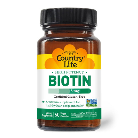 Pre-Order | Arrives in 5–10 Days – Country Life - Biotin High Potency, 5 mg - 60 Vegan Capsules