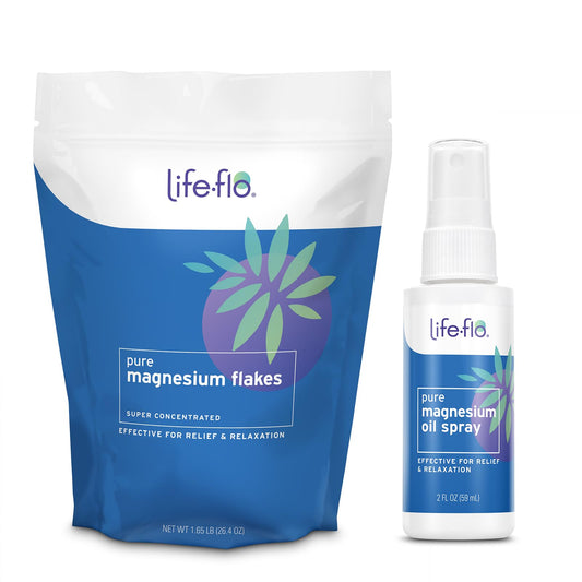 Life-flo Magnesium Bath Flakes and Pure Magnesium Oil Spray - Pure Magnesium Chloride from Zechstein Seabed - Relief and Relaxation Bundle - Soothes Muscles and Joints - 60-Day Guarantee, 26.4oz / 2oz