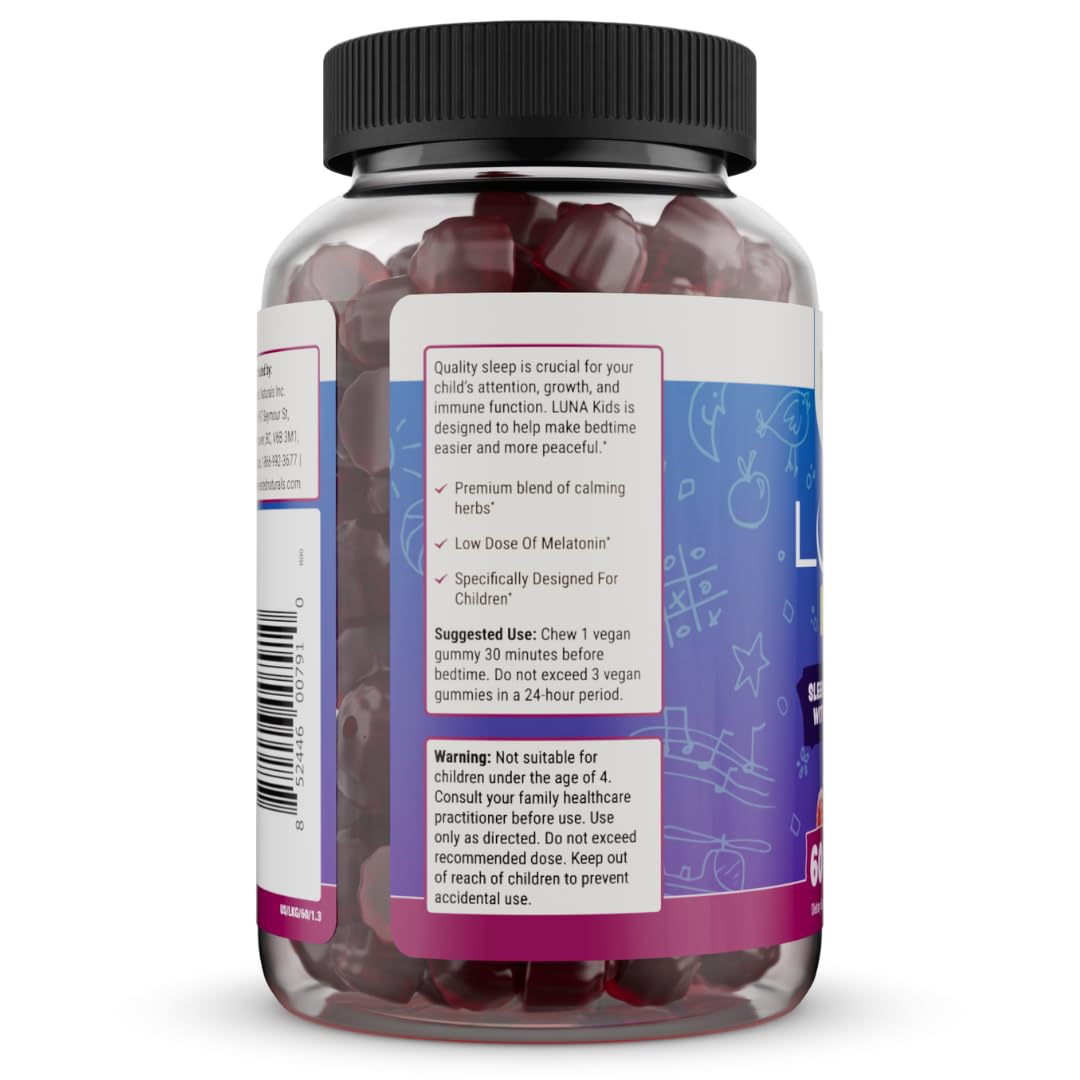 Nested Naturals Luna Kids Sleep Gummies - Non-Habit Forming Kids Melatonin Gummy with Valerian Root, Chamomile, and Lemon Balm - Children's Melatonin Sleep Aid - Mixed Berry, 60 Vegan Gummies