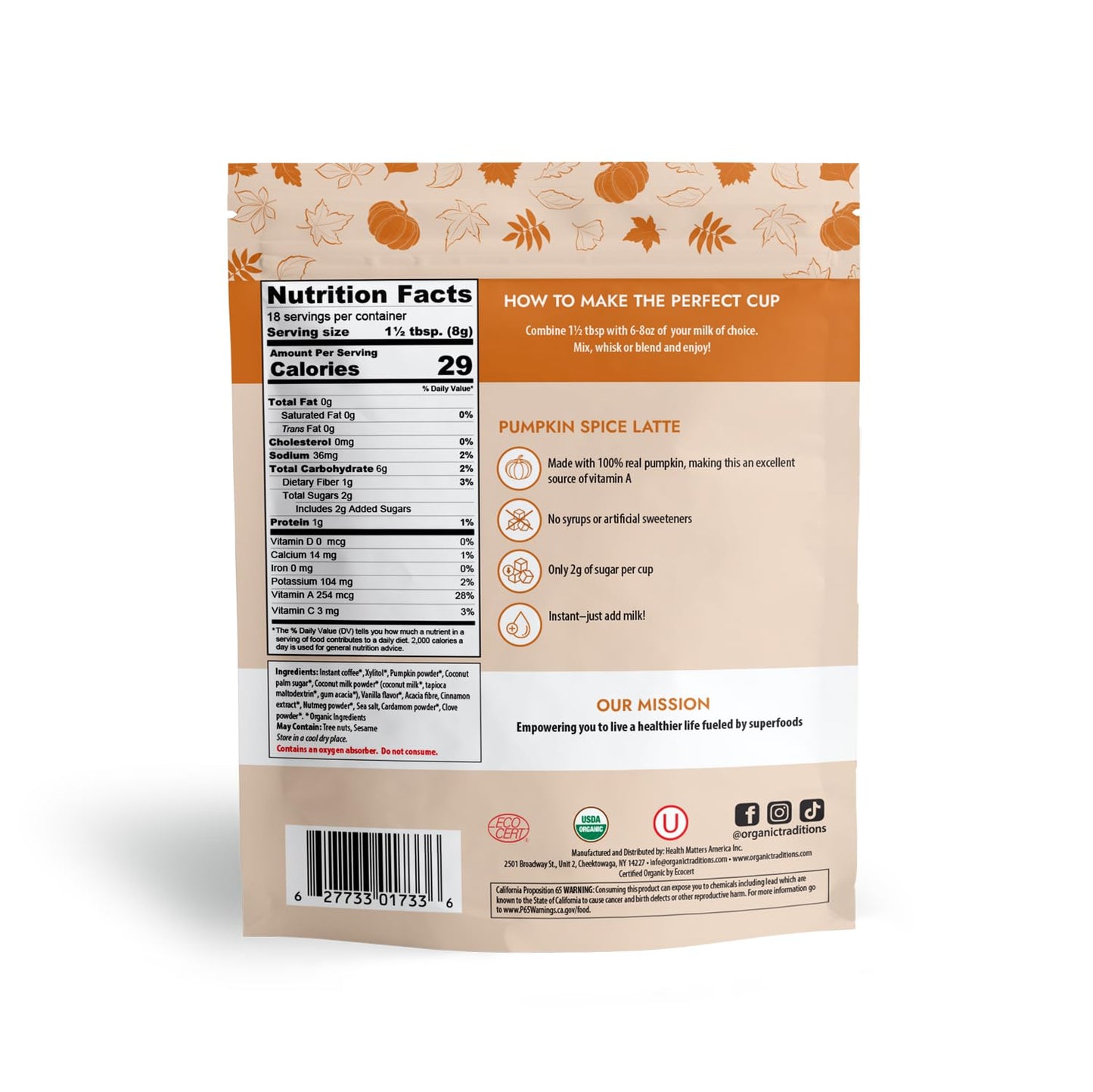 Organic Traditions Pumpkin Spice Latte Instant Coffee Dairy Free PSL Pumpkin Spice Coffee Blend 150g/5.3oz Bag