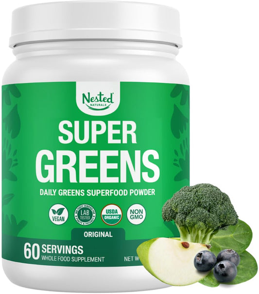 Nested Naturals Super Greens Daily Superfood Powder - Certified USDA Organic Green Powder w/20+ Whole Foods, Spirulina Powder, Wheat & Barley Grass - Probiotics, Fiber & Enzymes - Original Flavor, 60