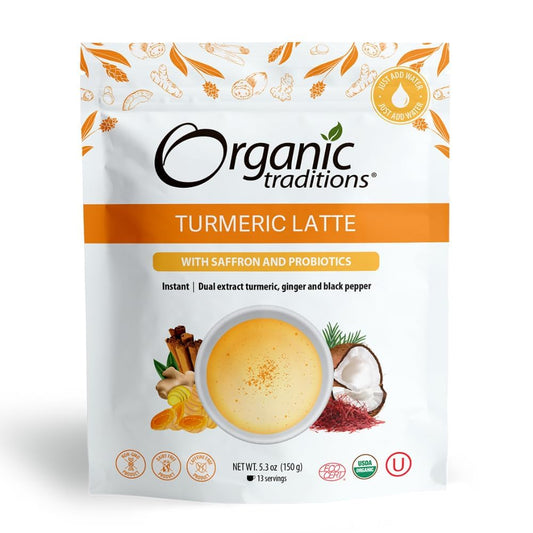 Organic Traditions Turmeric Latte – Creamy Coconut Milk Base – Saffron & Turmeric Blend – Easy to Mix – Sweetened with Coconut Palm Sugar – 1 Billion Probiotics per Serving - 150g/5.3oz Bag