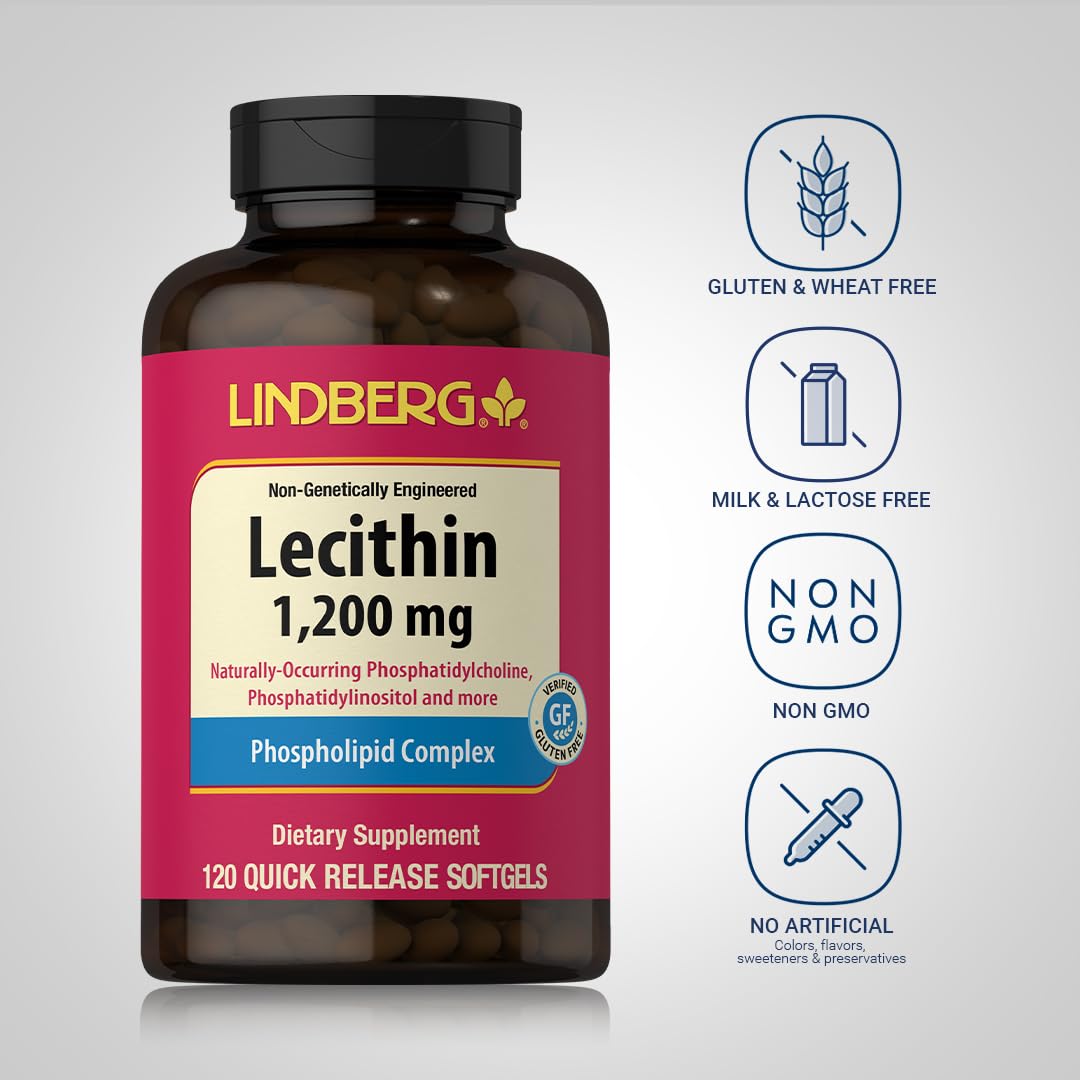 Lindberg Lecithin 1200mg Supplement | for Men & Women | 120 Softgel Capsules | Phospholipid Complex | Non-GMO, Gluten Free