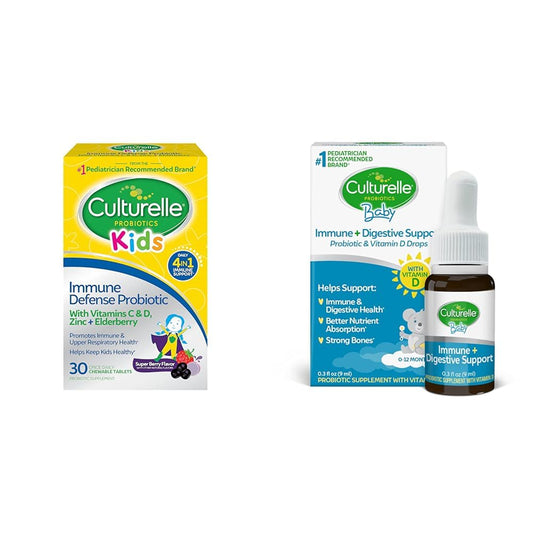 Pre-Order | Arrives in 5–10 Days – Culturelle Immune Defense Probiotic with Vitamin C, Vitamin D and Zinc + Elderberry & Baby Immune & Digestive Support Probiotic + Vitamin D Drops, Helps Support Immune