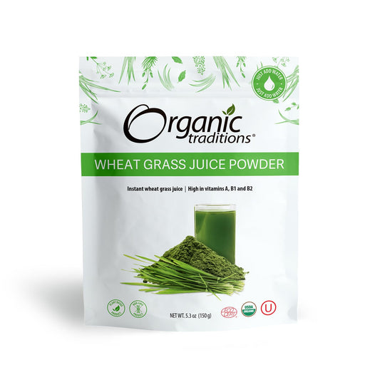 Organic Traditions Organic Wheat Grass Powder, Gluten Free Organic Wheatgrass Powder, Vegan Non-GMO Organic Wheatgrass Juice Powder Superfood, 5.3oz (150g) Bag, 18 Servings per Bag