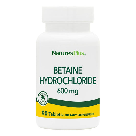 Natures Plus Betaine HCl (Hydrochloride) - 600 mg, 90 Tablets - Digestive Support Supplement, Relieves Symptoms of Occasional Heartburn & Indigestion - Hypoallergenic, Gluten-Free - 90 Servings