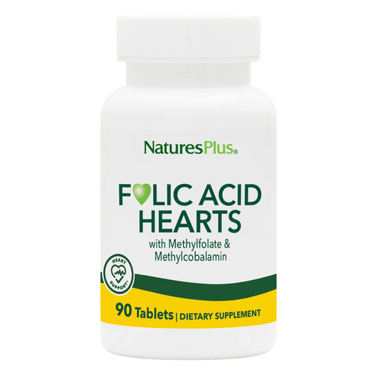 Natures Plus Folic Acid Hearts (Methylfolate) - 400 mcg, 90 Vegetarian Tablets - with Vitamin B6 & Vitamin B12 (as Methylcobalamin) - Gluten-Free - 90 Servings