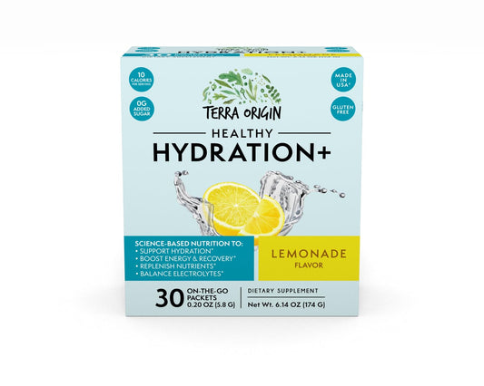 TERRA ORIGIN Healthy Hydration+ Electrolyte Powder Packets | Sugar Free, Gluten Free Drink Mix | Lemonade | 30 Servings (1-Pack)