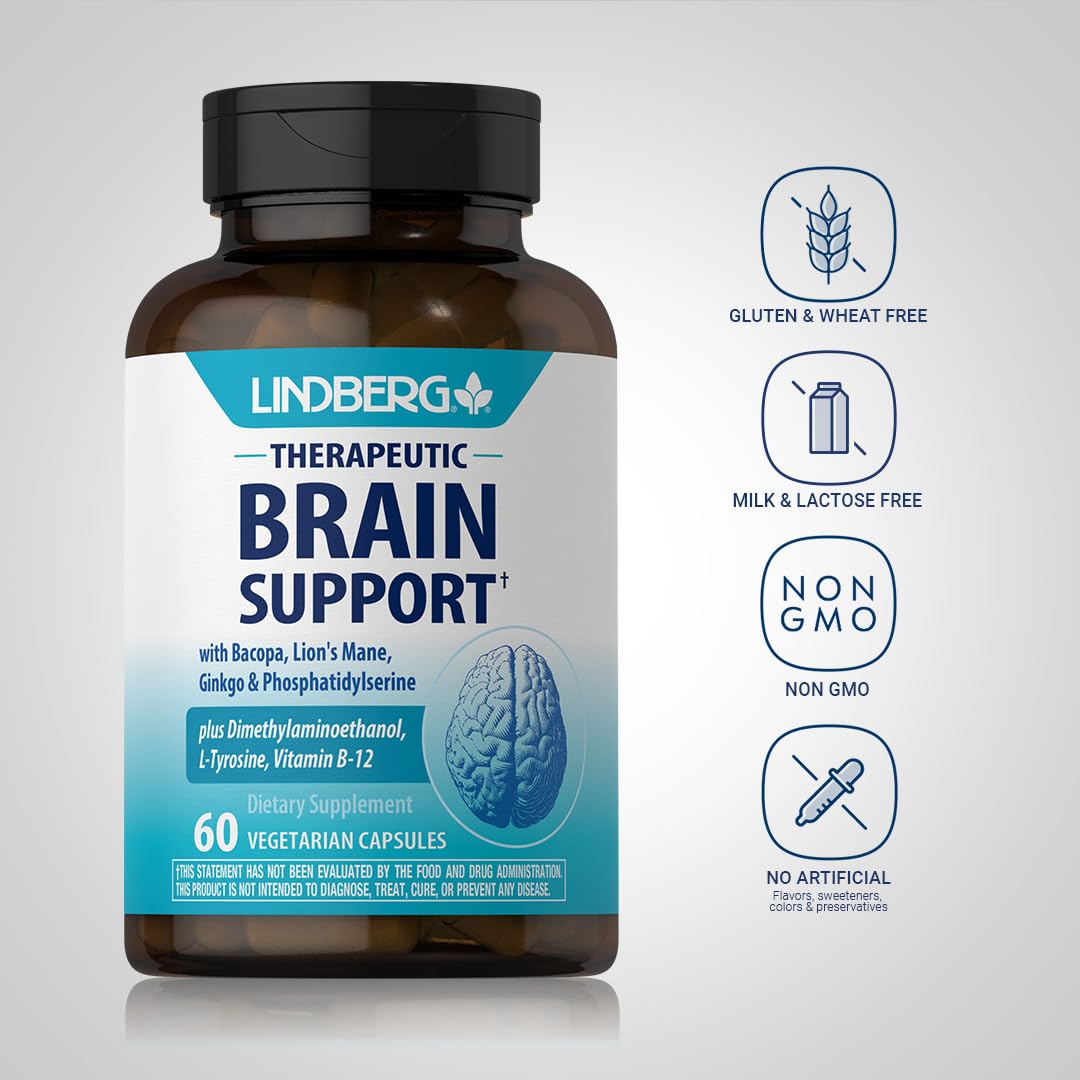 Lindberg Brain Support Supplement for Women and Men | 60 Capsules | Complex Pills | with Phosphatidylserine, Lion's Mane, Vitamin B12 | Vegetarian, Non-GMO, Gluten Free