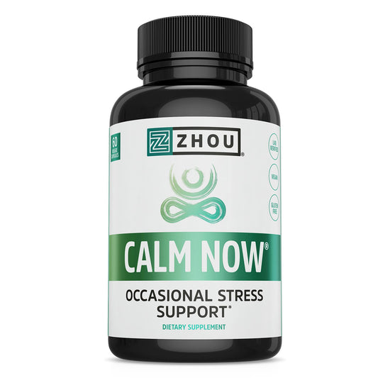 Zhou Calm Now - Calm Supplement, Calm Vitamins for Women & Men, Pills to Relax for Adults with GABA & Ashwagandha, Stress & Focus Support - 60 Veggie Capsules