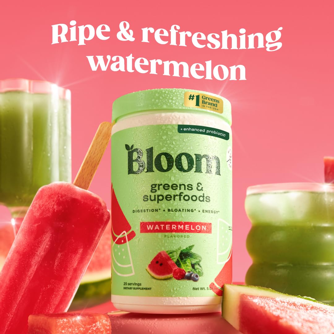 Pre-Order | Arrives in 5–10 Days – 
Bloom Nutrition Superfood Greens Powder, Digestive Enzymes with Probiotics and Prebiotics, Gut Health, Bloating Relief for Women, Chlorella, Green Juice Mix with Beet Root Powder, 25 SVG, Watermelon