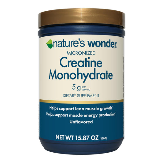 Nature's Wonder Micronized Creatine Monohydrate Powder 5g, Muscle Health, Muscle Energy Production, No Lactose, 5g of Micronized creatine Powder per Serving, 450G, 90 Servings