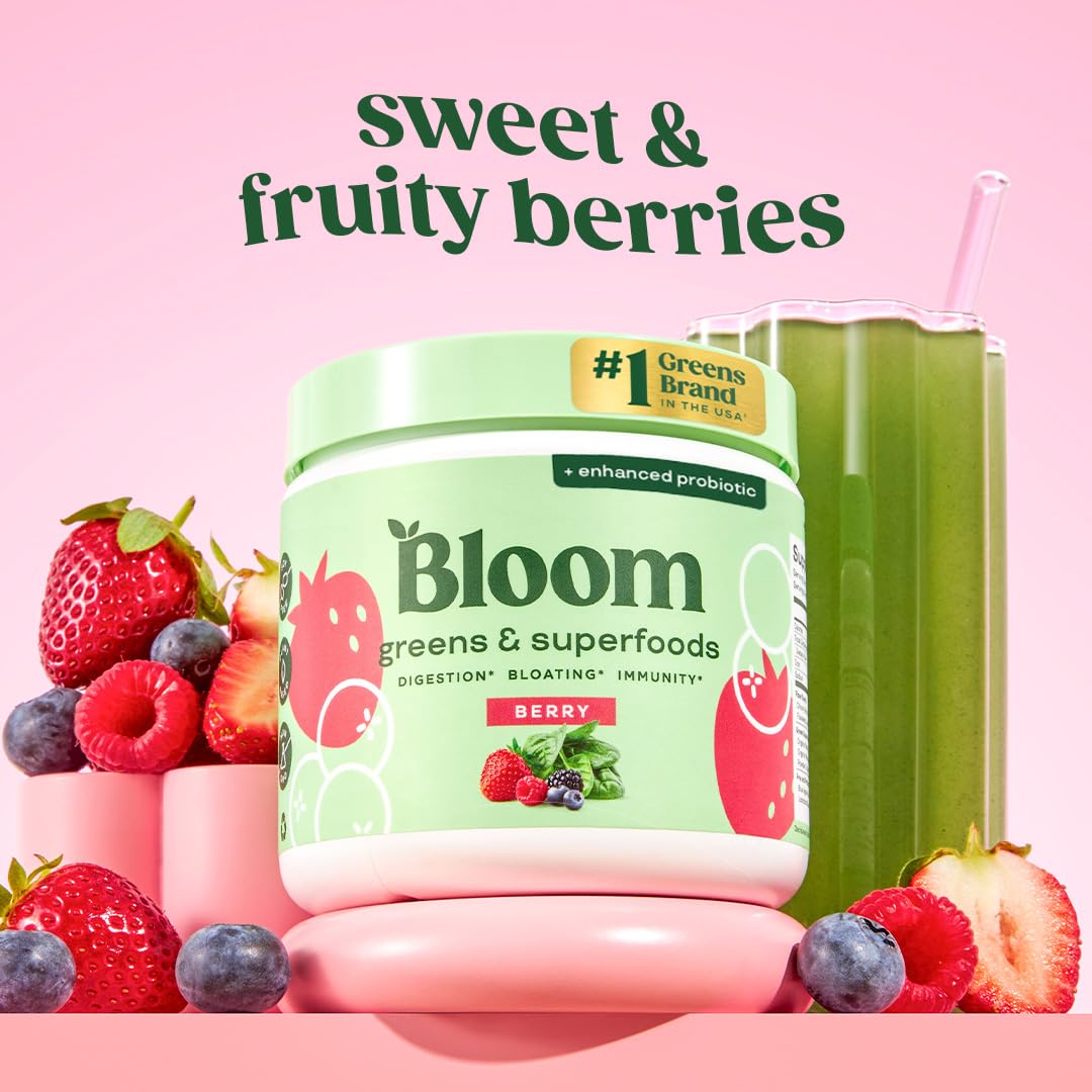 Pre-Order | Arrives in 5–10 Days – 
Bloom Nutrition Superfood Greens Powder, Digestive Enzymes with Probiotics and Prebiotics, Gut Health, Bloating Relief for Women, Chlorella, Green Juice Mix with Beet Root Powder, 30 SVG, Berry