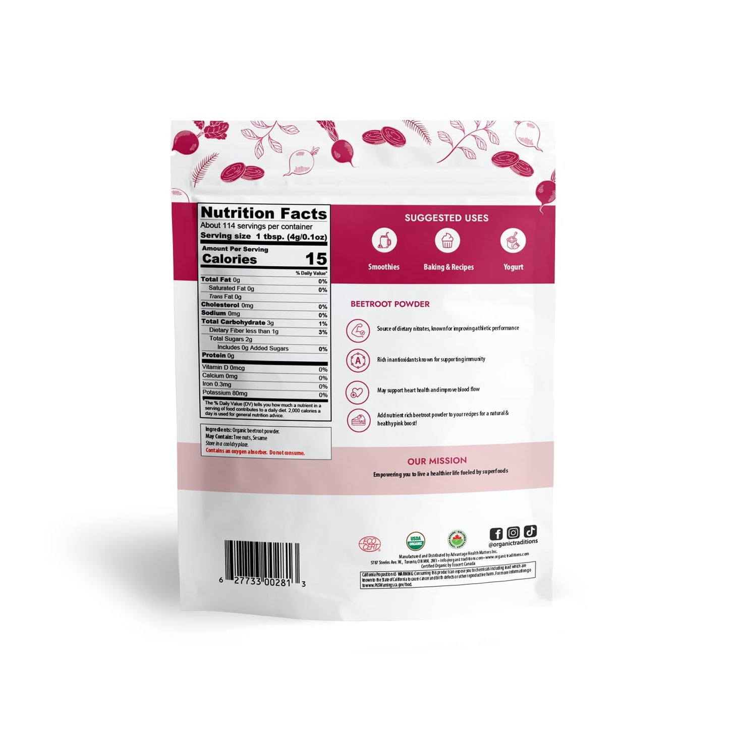Organic Traditions |Beetroot Powder | Organic Beetroot Powder Vegan Non-GMO Superfood| 16oz/1lb (454g) Bag