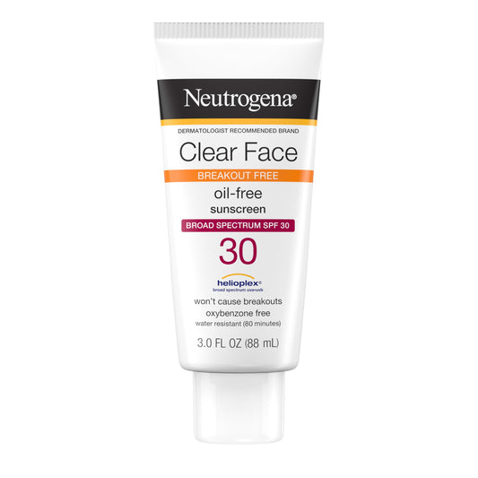 Neutrogena Clear Face Sunscreen Lotion for Acne-Prone Skin, Broad Spectrum SPF 30 Facial Sunscreen for Oily Skin, Fragrance- & Oxybenzone-Free Water Resistant, 3 fl. oz