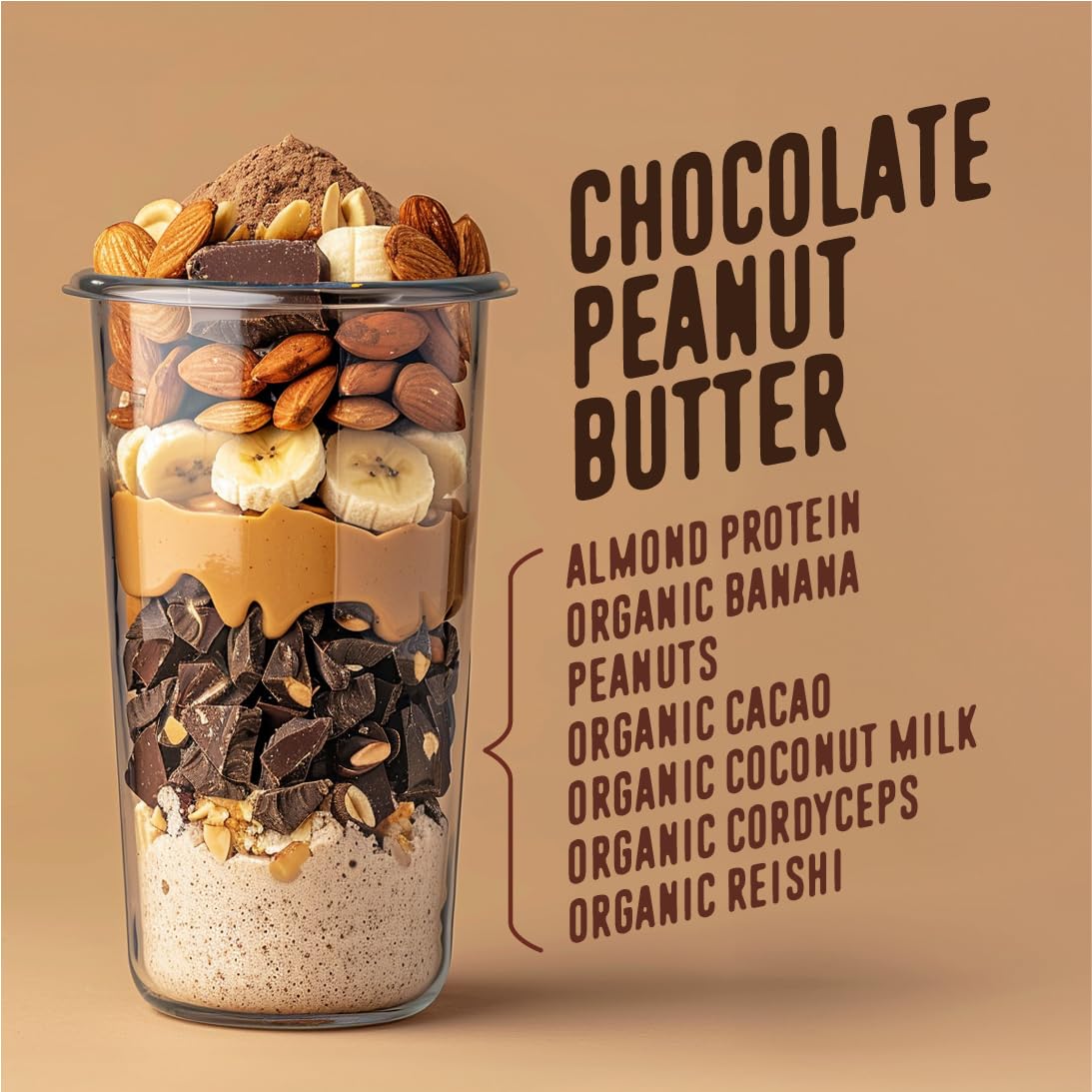 FlavCity Vegan Protein Powder - Chocolate Peanut Butter - 20g Almond, Plant Based Protein Powder - Dairy-Free Shake - With Organic Fruit, Reishi & Cordecyps Mushrooms - No Blender Needed (15 Servings)