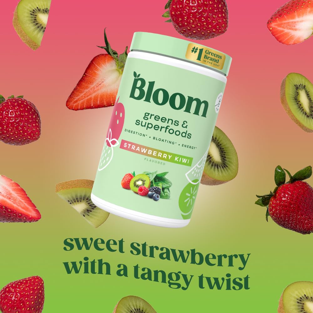 Pre-Order | Arrives in 5–10 Days – 
Bloom Nutrition Superfood Greens Powder, Digestive Enzymes with Probiotics and Prebiotics, Gut Health, Bloating Relief for Women, Chlorella, Juice Mix with Beet Root Powder, 25 SVG, Strawberry Kiwi