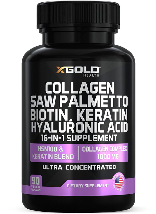 HSN100 - Collagen, Saw Palmetto, Biotin, Keratin & Hyaluronic Acid - 16-in-1 Beauty Supplement with Vitamin C & E, Collagen Complex & Keratin Blend - Hair, Skin & Nail Growth - 90 Capsules
