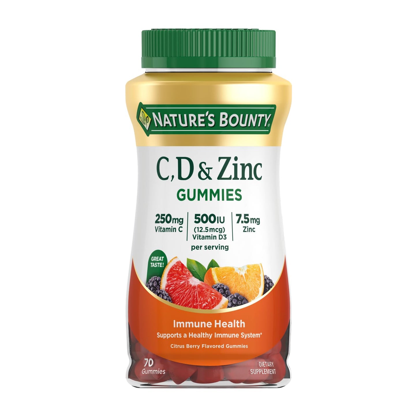 Nature's Bounty C, D, & Zinc Gummies, Immune Support Gummies for Adults, Citrus Berry, 70 Ct