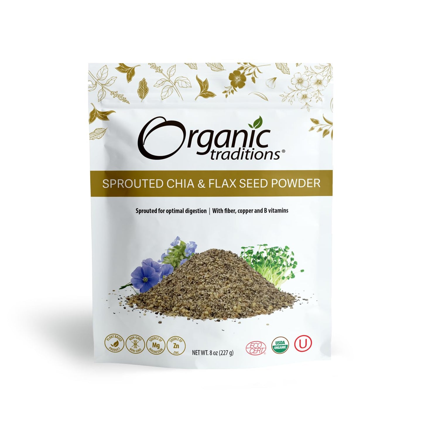 Organic Traditions Sprouted Chia Seeds and Flax Seed Powder, Non-GMO Superfood, 227g/8oz Bag