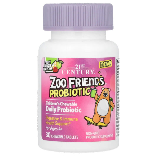 21st Century
Zoo Friends, Children's Chewable Probiotic, Age 4+, Fruit Punch, 30 Chewable Tablets
