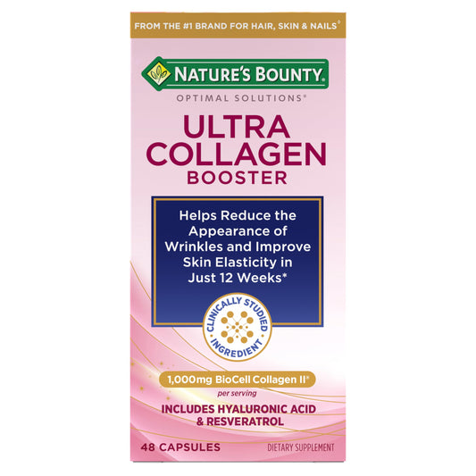 Nature's Bounty Optimal Solutions Ultra Collagen Booster for Healthy-Aging, Collagen Supplement, Resveratrol, Hyaluronic Acid – Collagen Capsules for Women, 48 Capsules
