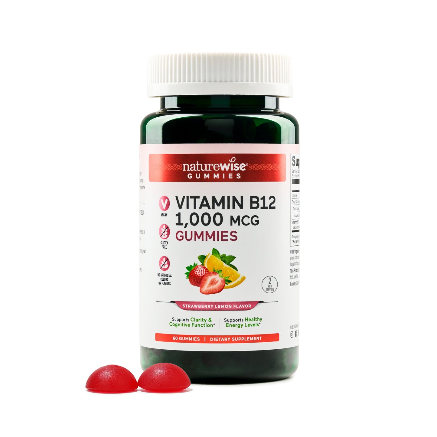 NatureWise Vitamin B12 Gummies for Adults, 1000 mcg - Strawberry Lemon Flavor - Supports Daily Energy, Mental Clarity, Cognitive Function - Vegan, Gluten-Free, Non-GMO - 60 Count[1-Month Supply]