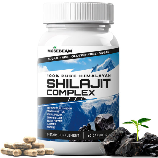 musebeam Himalayan Shilajit Capsules Men Women - Pure Himalayan Fulvic Acid Supplement Pills - Ashwagandha Turmeric Ginkgo Biloba Ginseng Cordyceps Mushroom Stinging Nettle Black Pepper