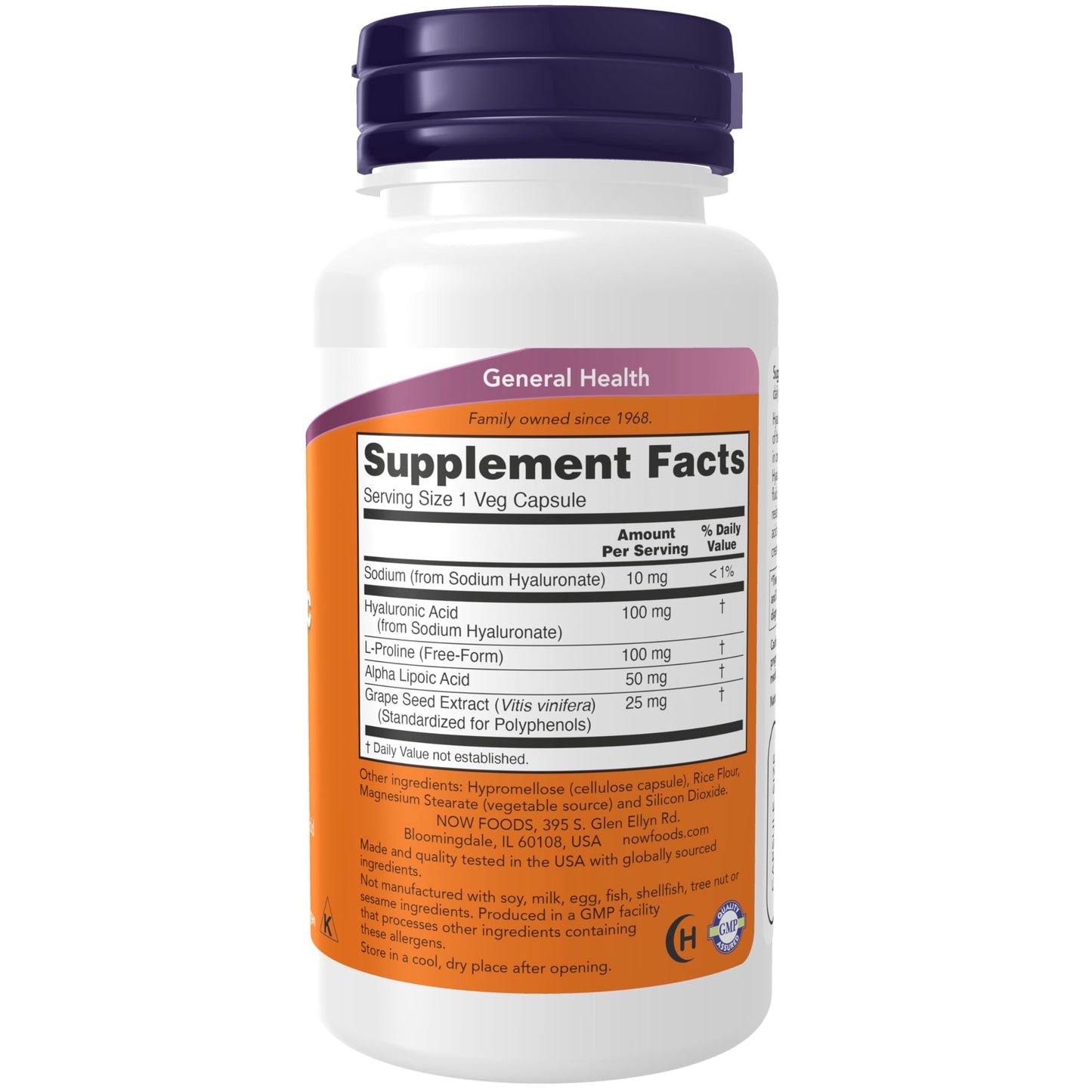 NOW Foods Supplements, Hyaluronic Acid 100 mg, Double Strength with L-Proline, Alpha Lipoic Acid and Grape Seed Extract, 60 Veg Capsules