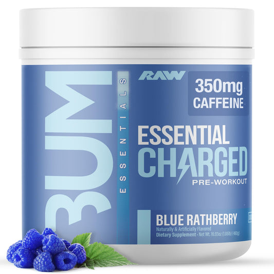 RAW Pre-Workout Powder, Essential CHARGED (Blue Rathberry) - Preworkout Supplement for Men & Women - Supports Focus, Mood, & Performance - Caffeine, Alpha-GPC, L-Citrulline, Beta Alanine (25 Servings)