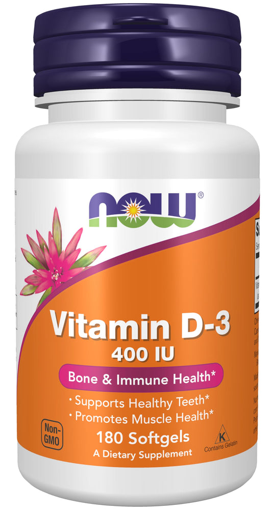 NOW Supplements, Vitamin D-3 400 IU, Strong Bones*, Structural support*, 180 Softgels