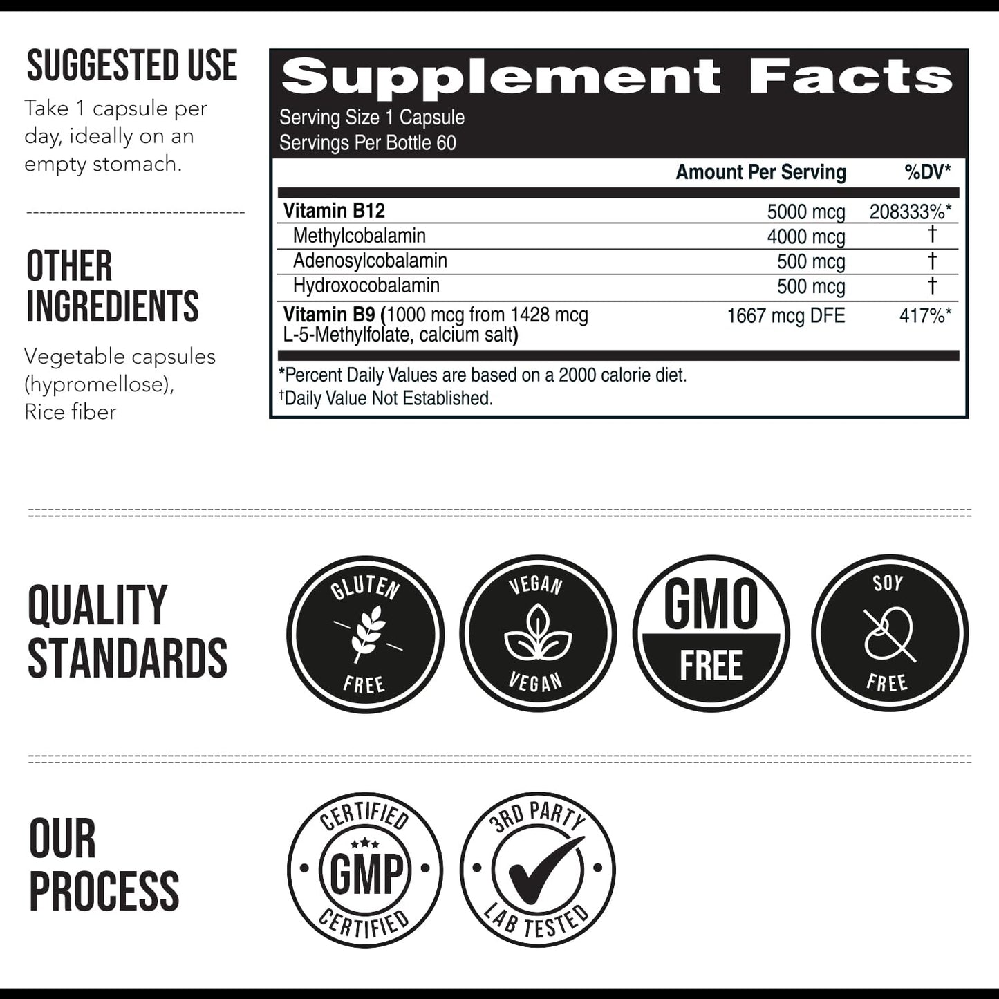 BioActive Vitamin B12 - 5000 mcg, Contains 3 BioActive Forms B12 Plus Methylfolate Cofactor - Methyl B12, Adenosyl B12 & Hydroxy B12 | Supports Energy, Metabolism & Mood | Vegan, Non-GMO (60 Servings)