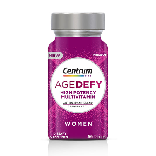 Pre-Order | Arrives in 5–10 Days – 
Centrum Age Defy for Women - High-Potency Multivitamin and Healthy Aging Supplement - Multivitamin Blend with Resveratrol, and Niacin for NAD+ Level Support - Aluminum Bottle, 56 Tablets