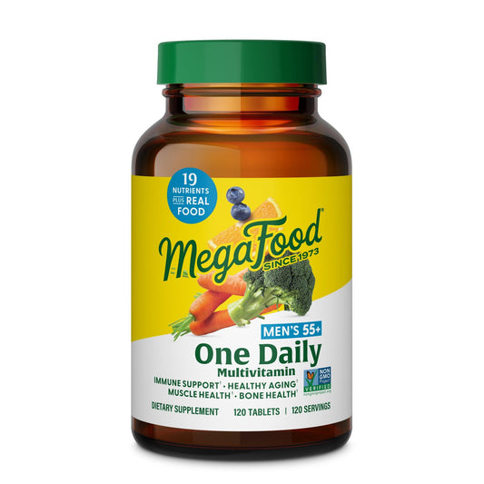 MegaFood Men's 55+ One Daily - Multivitamin for Men with Vitamin B12, C, D & Zinc - Optimal Aging & Immune Support Supplement - Vegetarian - Made Without 9 Food Allergens - 120 Tabs