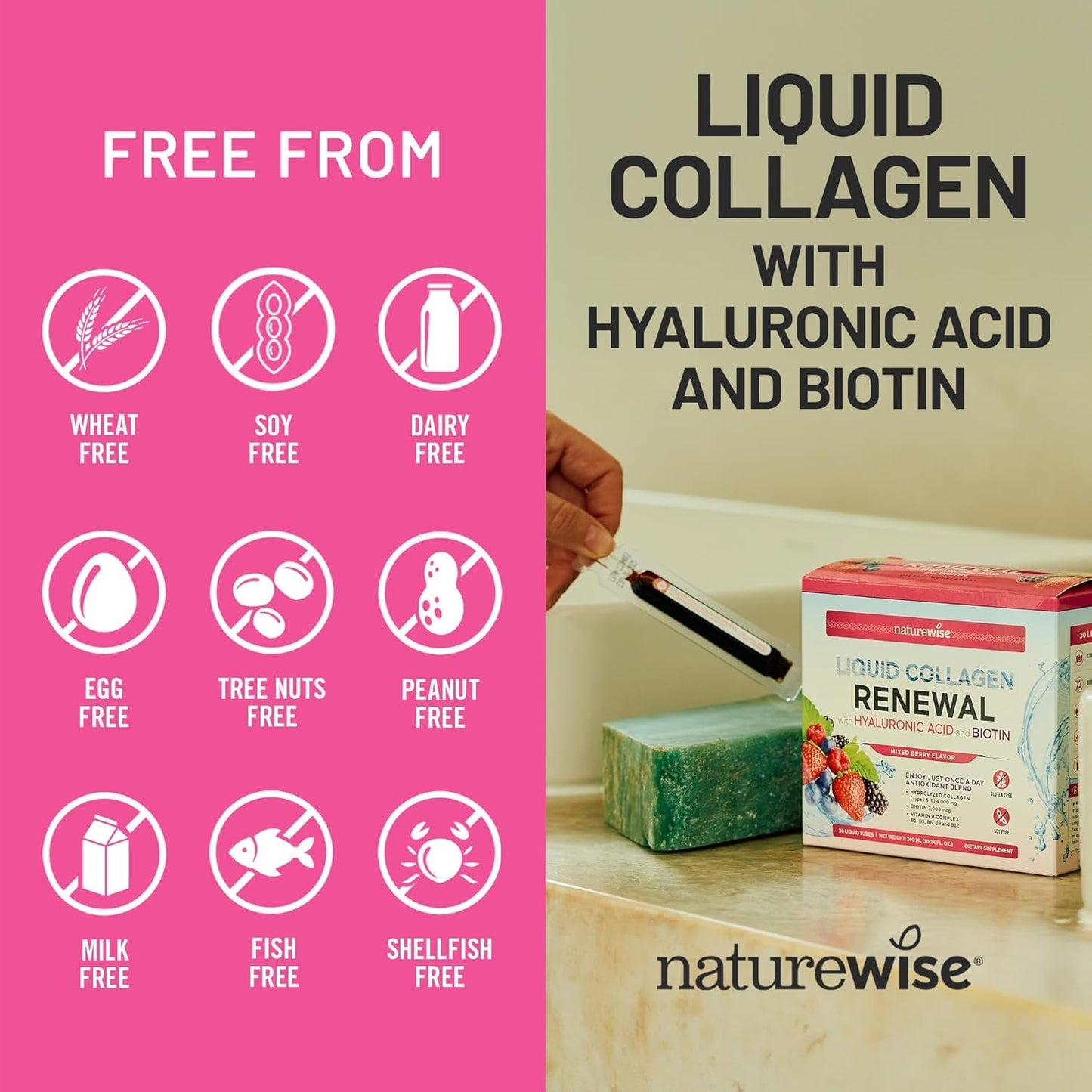 NatureWise Hydrolyzed Liquid Collagen for Women & Men 4000mg - High Absorption, Type 1 & 3 Peptides with Biotin + Vitamin C + Vitamin B Complex & Hyaluronic Acid -Mixed Berry - 10 Tubes[10 Day Supply]
