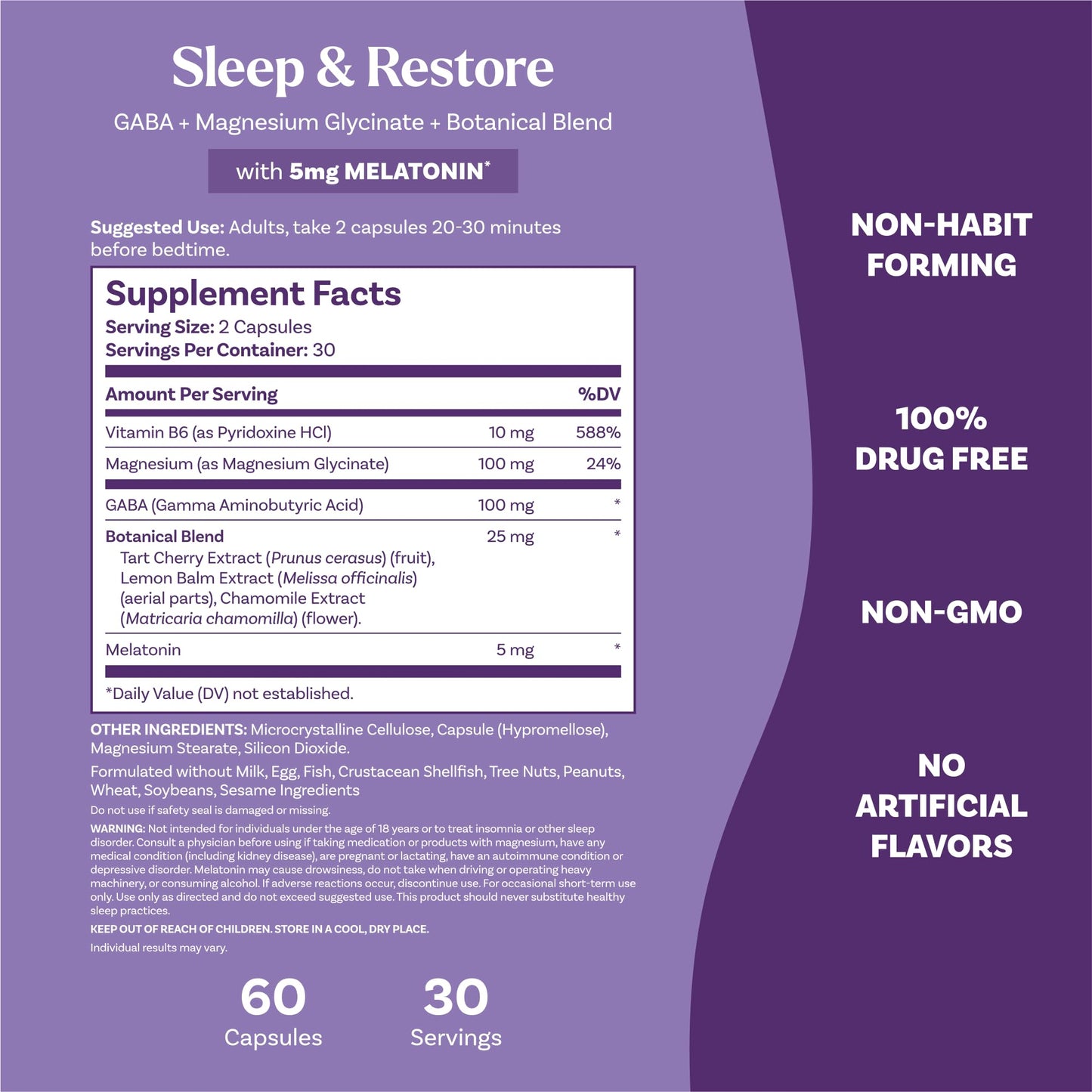Natrol Sleep & Restore Capsules - Calm Magnesium Glycinate, Magnesium Sleep Aid with GABA, Melatonin 5mg, Botanical Blend, 30 Day Supply