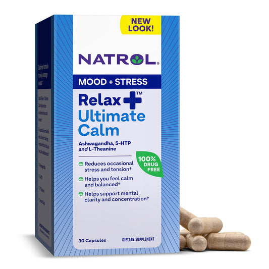 Natrol Relax+ Ultimate Calm with Ashwagandha, 5-HTP, L-Theanine and Lemon Balm, Drug-Free Dietary Supplement Helps Reduce Occasional Stress & Tension, 30 Capsules, 30 Day Supply