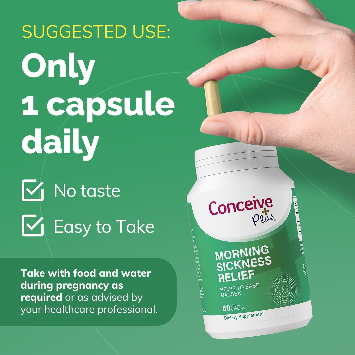 Pre-Order | Arrives in 5–10 Days – CONCEIVE PLUS Morning Sickness Relief - Pure Dried Ginger Powder - Relief from Nausea, Motion & Stomach Discomfort During Pregnancy - Essential for Expecting Moms - Non-GMO - 60 Vegan Capsules
