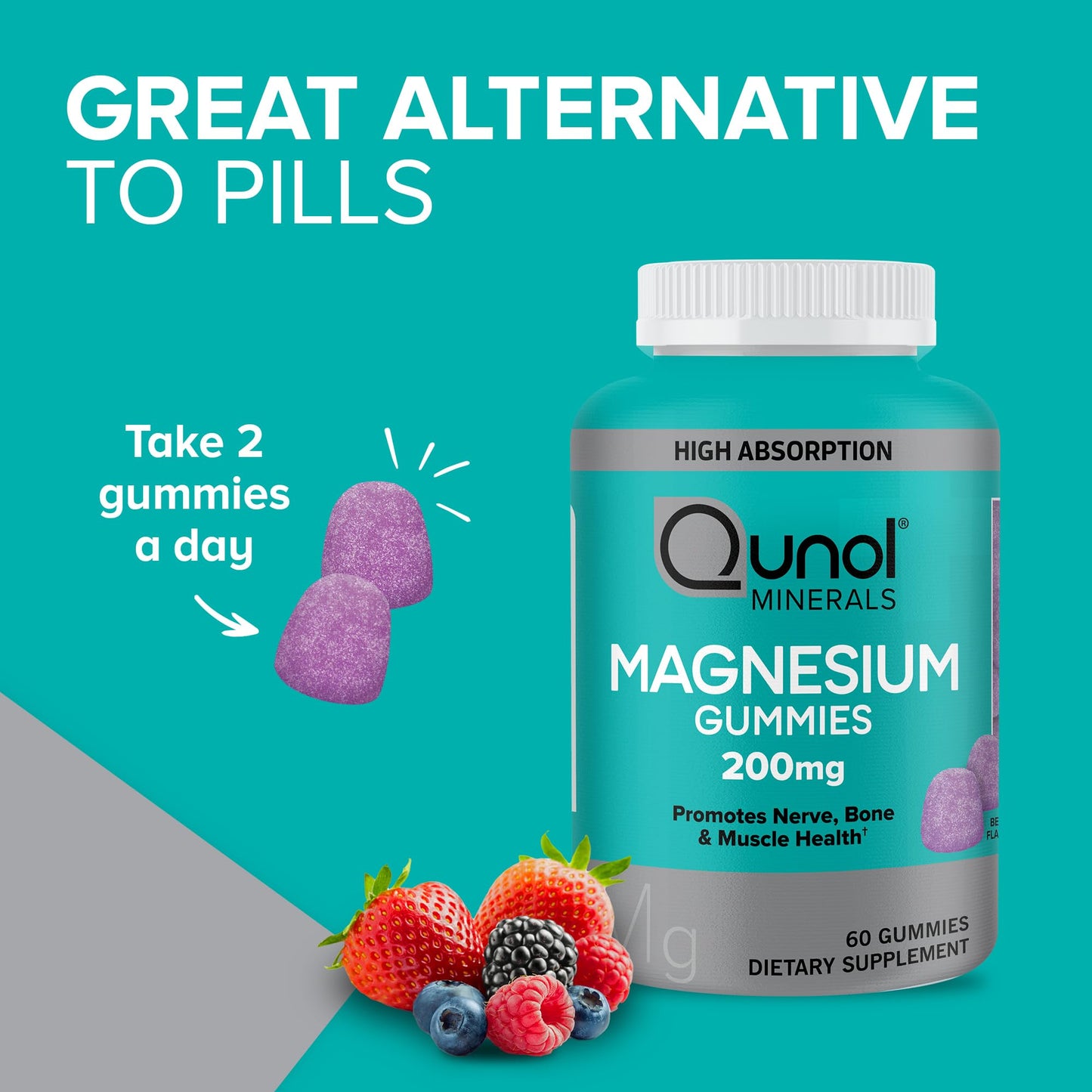 Qunol Magnesium Gummies for Adults, Qunol 200mg Magnesium Citrate Gummies, High Absorption Magnesium Supplement, Supports Nerve Health, Bone Health, Muscle Health, Vegetarian, 60 Count, Pack of 2