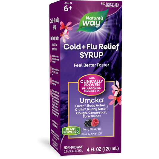 Nature's Way Cold+Flu Relief Syrup, Umcka, Fever*, Sore Throat, Cough, Congestion, Body Aches*, Homeopathic, Phenylephrine Free, 0.05% Alcohol, Berry Flavored, 4 Fl Oz (Packaging May Vary)
