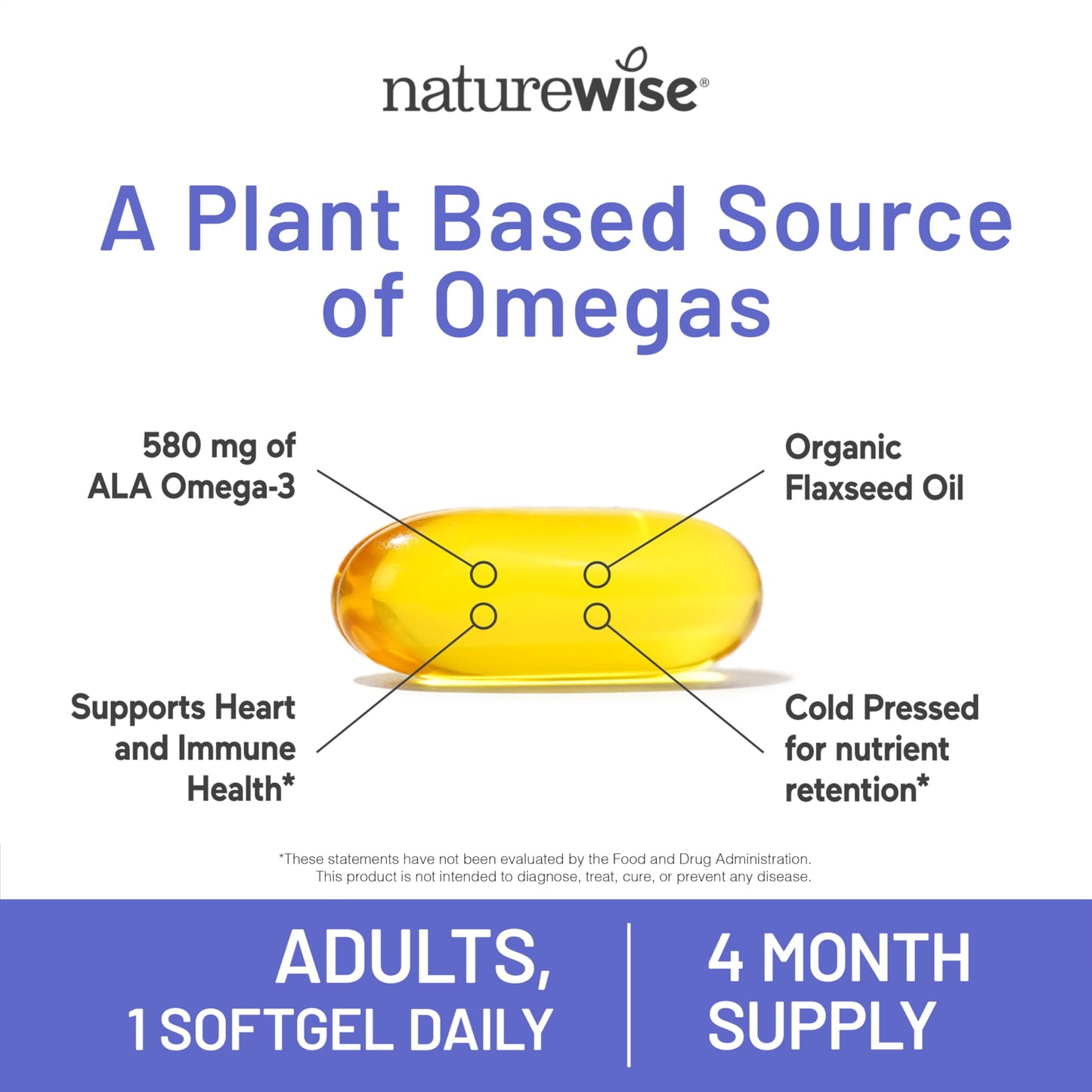 NatureWise Flaxseed Oil 1000 mg, Fish Free Omega 3 with 580 mg ALA, Dietary Supplement for Immune Health Support - Organic, Cold Pressed, Non-GMO - 120 Softgels[120-Day Supply]