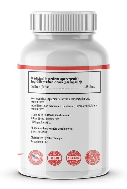 1 Body Saffron Extract Supplement, 88.5 mg Safranal, Antioxidant and Mood Support, Vegetarian Capsules