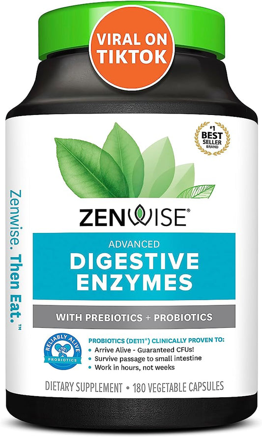 Zenwise Digestive Enzymes - Probiotic Multi Enzyme with Probiotics and Prebiotics for Digestive Health and Bloating Relief for Women and Men, Enzymes for Digestion and Gut Health - 180 Count