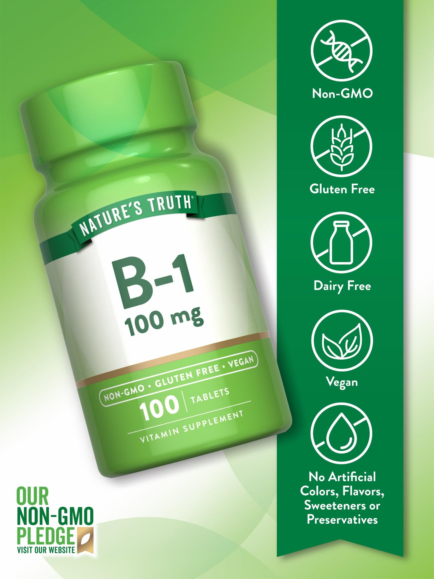 Nature's Truth Vitamin B1 100mg (Thiamine) | 100 Count | Vegan, Non-GMO & Gluten Free Supplement
