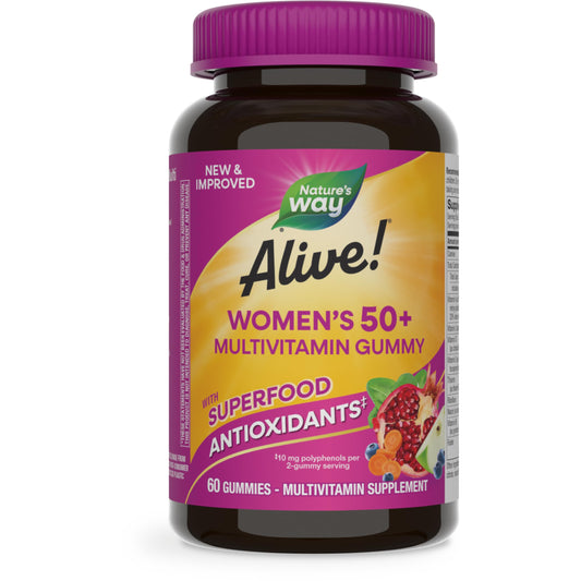 Nature's Way Alive! Women’s 50+ Daily Gummy Multivitamins, Supports Multiple Body Systems*, Supports Healthy Heart, Brain & Bones,* B-Vitamins, Mixed Berry Flavored, 60 Gummies (Packaging May Vary)