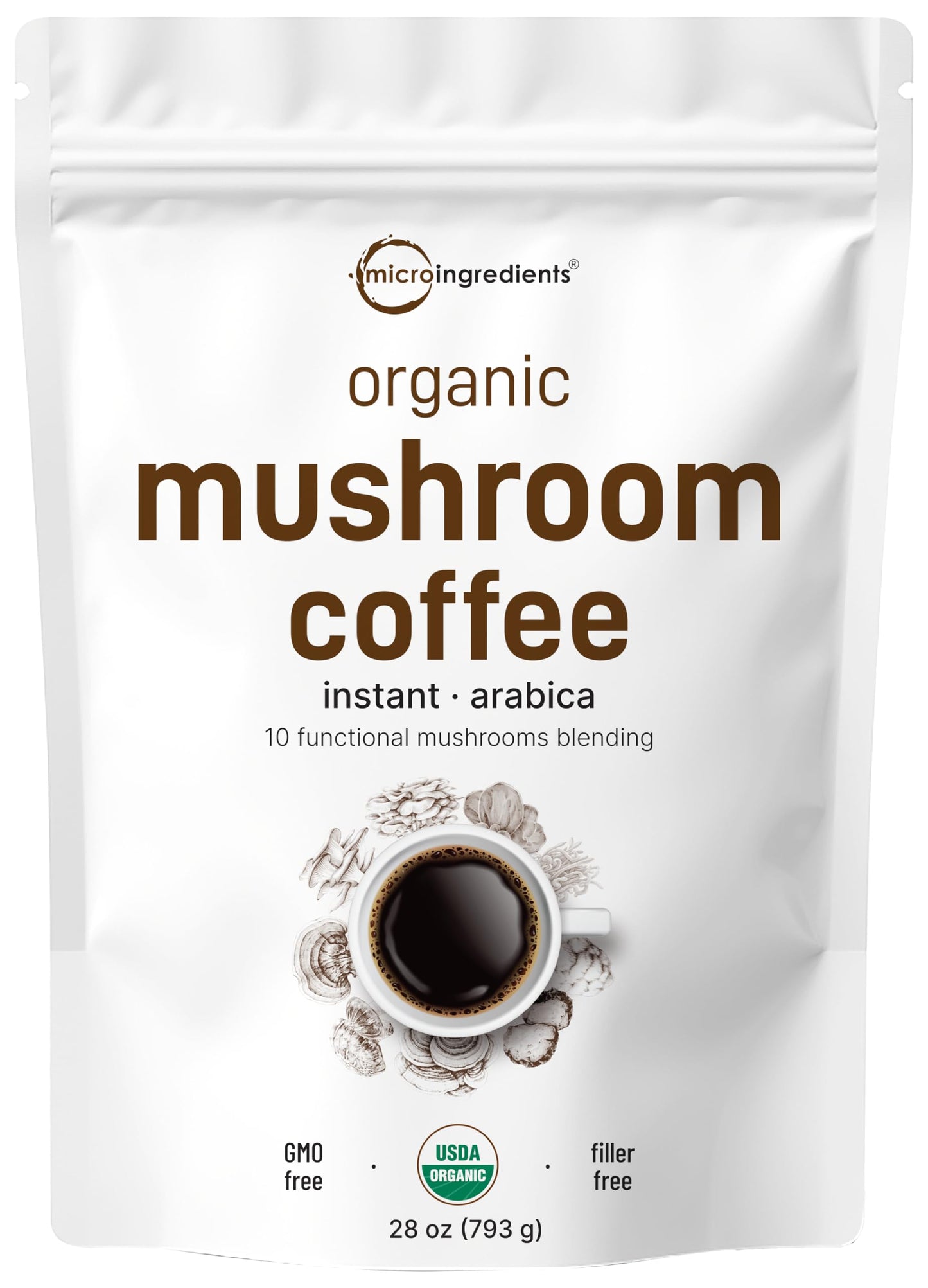 Pre-Order | Arrives in 5–10 Days – Organic Instant 10 in 1 Mushroom Coffee Powder, 28 Ounce (317 Servings) | Weight & Immune Support | Premium Arabica Coffee with Lion’s Mane, Chaga, Reishi,& More