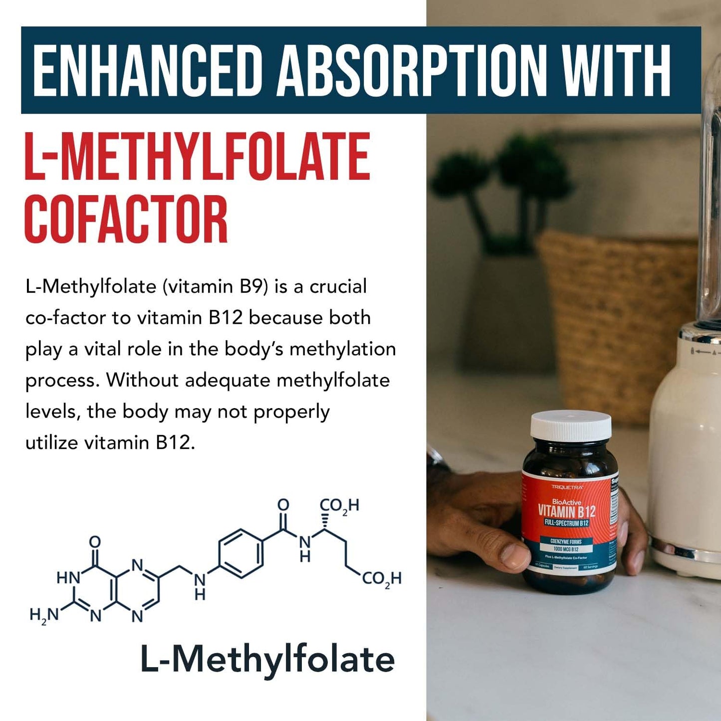 BioActive Vitamin B12 1000 mcg | All 3 BioActive Forms B12 Plus Methylfolate Cofactor - Methyl B12, Adenosyl B12 & Hydroxy B12 | Supports Energy, B12 Levels & Mood | Vegan, Non-GMO (60 Servings)
